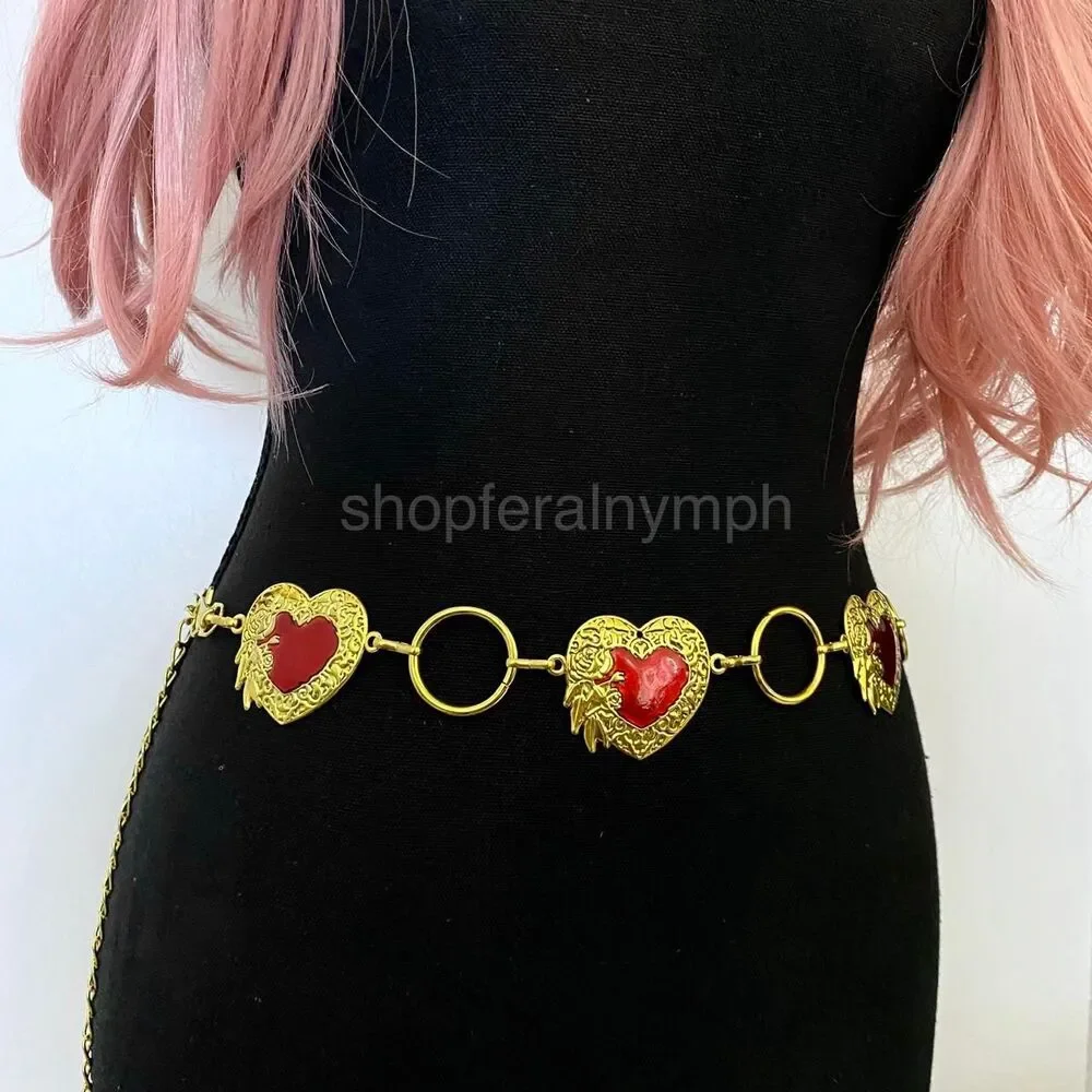 Gold Y2K Red Heart Open Ring Waist Chain Belt, Fits 25.5-45 Inches, X7GA1295